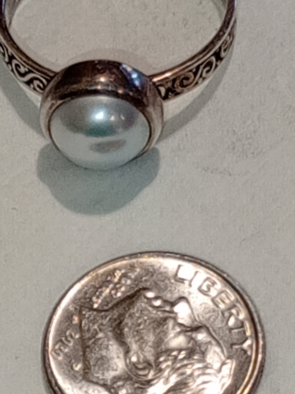 Pearl Sterling Silver Scroll Band Pearl Ring Bezel Set By Janice Girardi - Picture 14 of 16